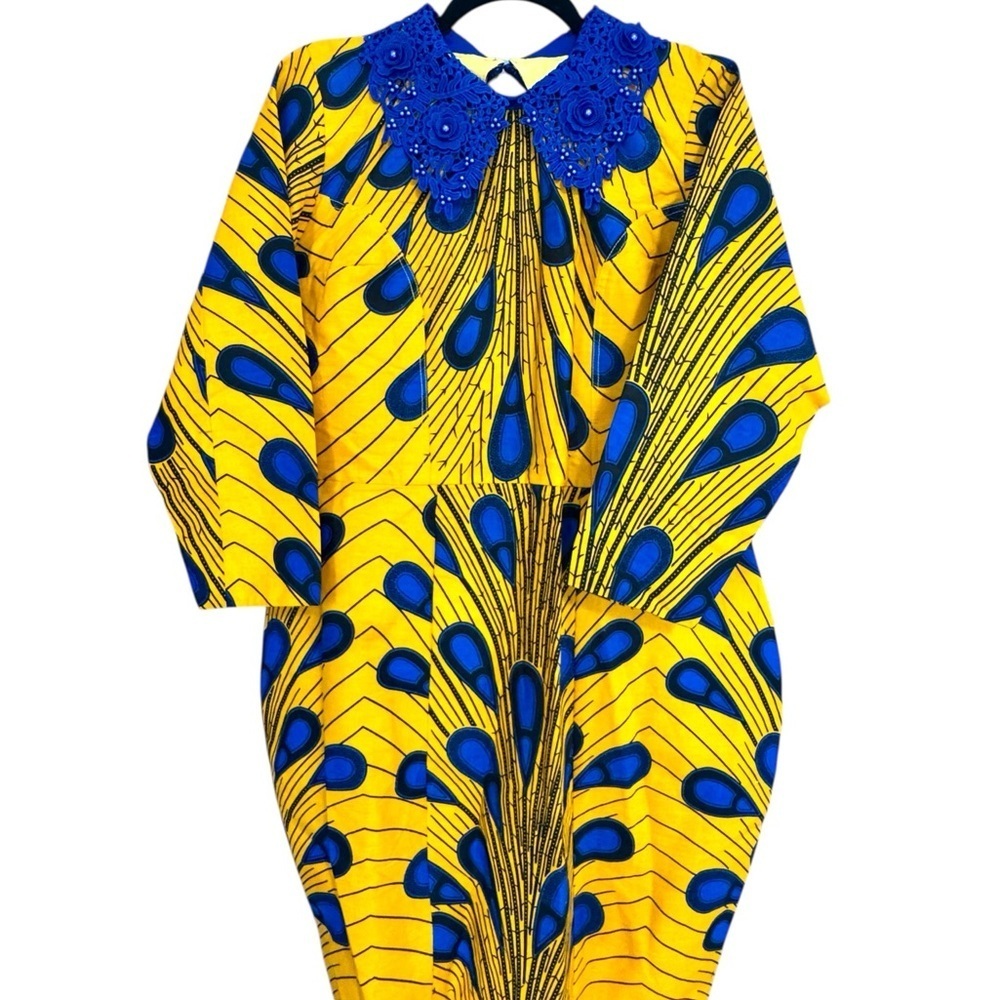 Vibrant African Print Yellow and Blue Long Sleeve Dress with Collared Beading
